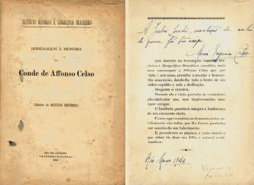 Homenagem à Memória do Conde de Affonso Celso. Autografado